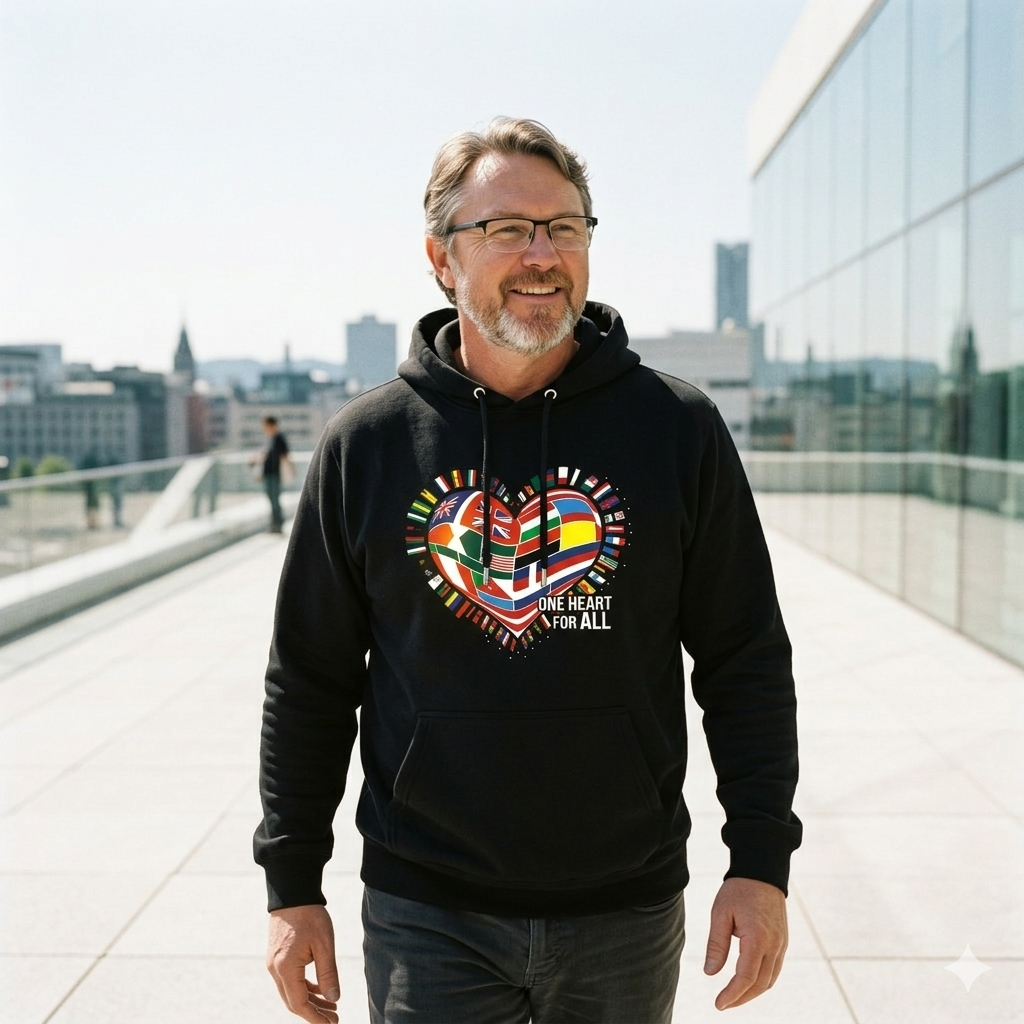Person im schwarzen Premium Hoodie mit buntem Flaggen-Herz; helles, direktes Sonnenlicht lässt das Design intensiv glühen.