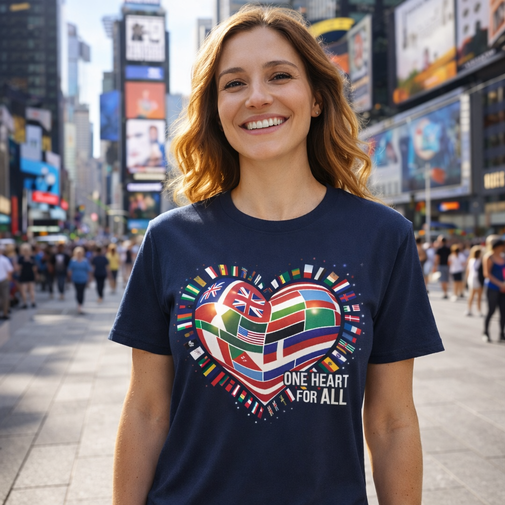 Frau trägt navy Premium T-Shirt mit buntem Flaggen-Herz und „One Heart for All“ Motiv in belebter Stadtszene ohne Lens Flare, klare helle Atmosphäre und positive Ausstrahlung.