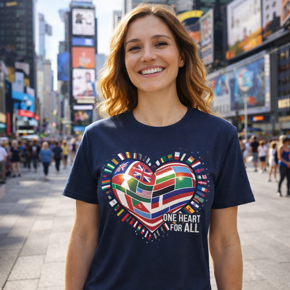 Frau trägt navy Premium T-Shirt mit buntem Flaggen-Herz und „One Heart for All“ Motiv in belebter Stadtszene ohne Lens Flare, klare helle Atmosphäre und positive Ausstrahlung.