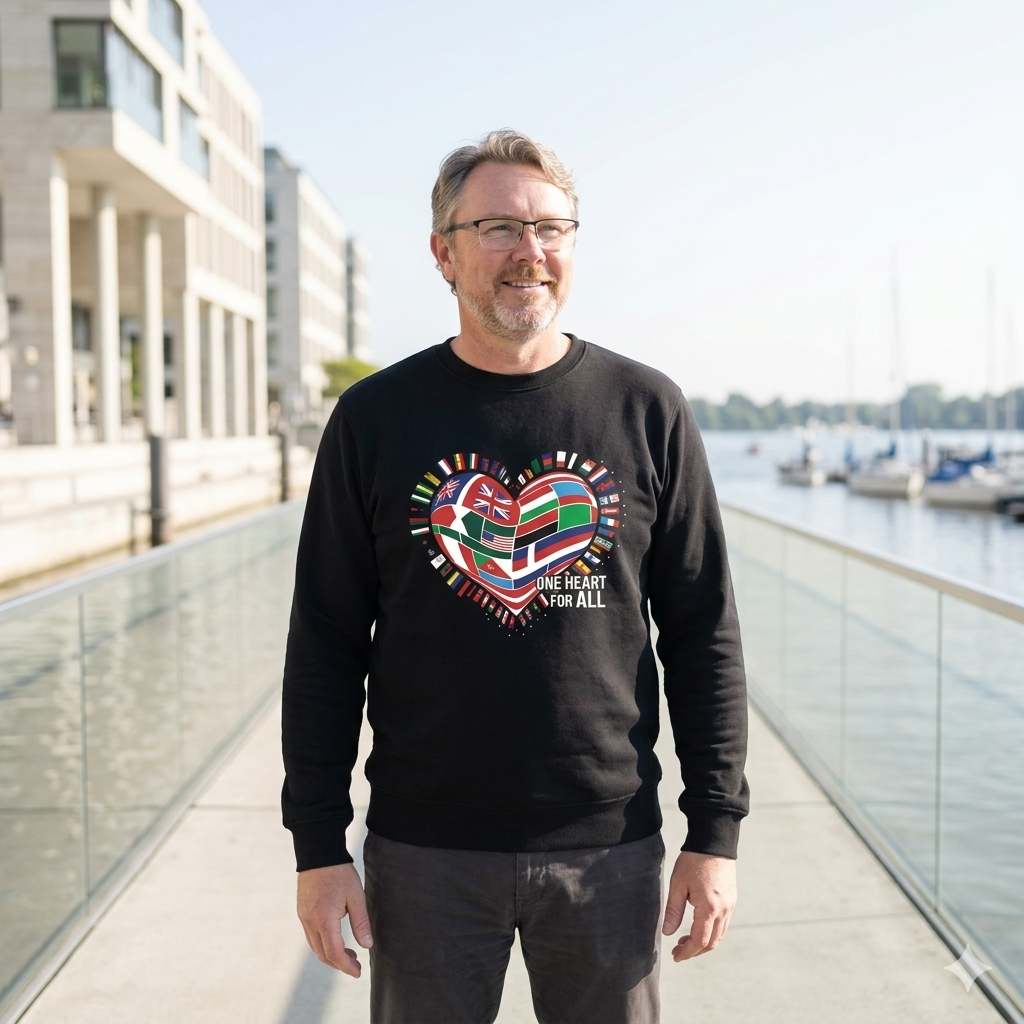 Person im schwarzen Premium Sweatshirt mit buntem Flaggen-Herz an einem hellen Uferweg; das Sonnenlicht lässt das Design strahlen.