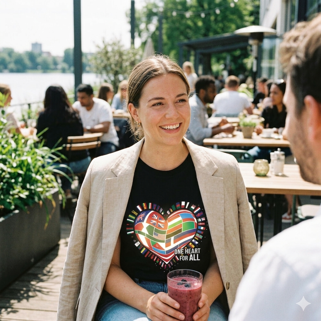 Frau im schwarzen Bio-Baumwoll-Shirt mit buntem Flaggen-Herz; helles Sonnenlicht lässt das Design energetisch pulsieren.