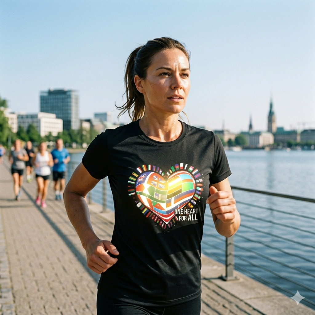 Frau im schwarzen Bio-Baumwoll-Shirt mit buntem Flaggen-Herz; helles Sonnenlicht lässt das Design energetisch pulsieren.