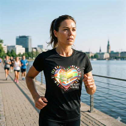 Frau im schwarzen Bio-Baumwoll-Shirt mit buntem Flaggen-Herz; helles Sonnenlicht lässt das Design energetisch pulsieren.