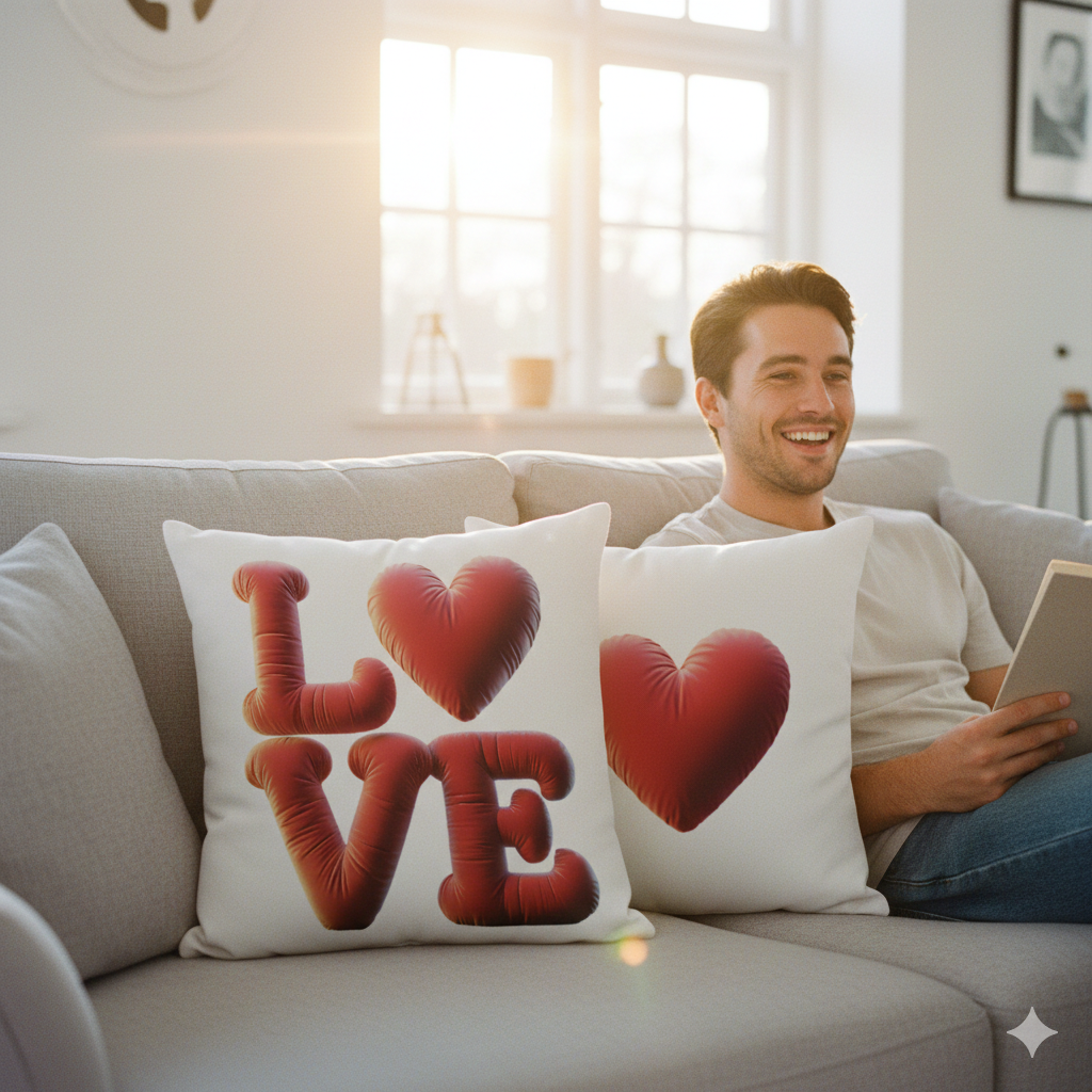 Weißes Kissen mit 3D-Love-Ballon Print in hellem Wohnzimmer, Frau entspannt daneben, offene Augen, BLA Vibe