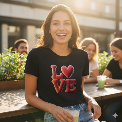 Frau in schwarzem Cropped Tee mit 3D-Love-Ballon Print, offene Augen, helles modernes Studio, BLA Vibe