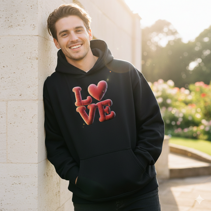 Mann in schwarzen Oversized Bio-Hoodies mit 3D-Love-Ballon Print, urbanes Loft, offene Augen, Lifestyle