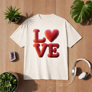 Beiges T-Shirt mit großem 3D-„LOVE“-Motiv aus ballonartigen Buchstaben und Herzform, modernes Liebesdesign für Paare, Valentinstag & positive Vibes – Bright Light Arts
