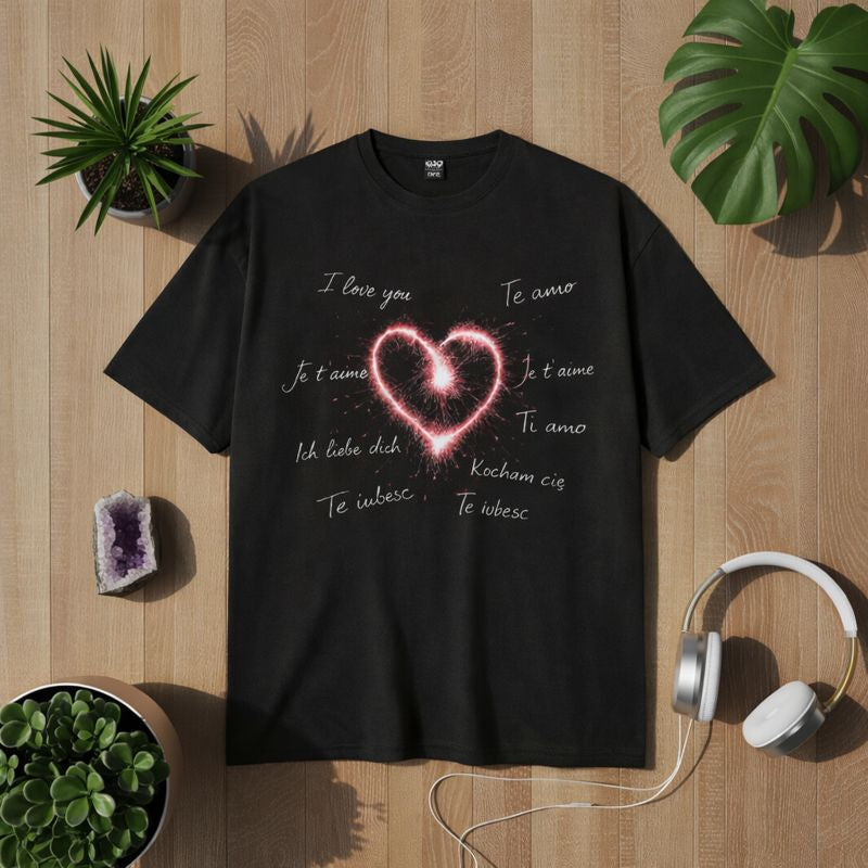 Schwarzes T-Shirt mit leuchtendem Herzmotiv und „I love you“ in mehreren Sprachen, emotionales Liebesdesign für Verbundenheit, Vielfalt & positive Gefühle – Bright Light Arts