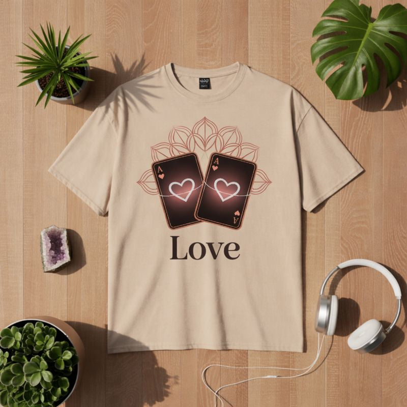 Schwarzes T-Shirt mit Love-Motiv aus zwei Spielkarten mit Herzsymbolen und Mandala-Elementen, minimalistisches Liebesdesign für Achtsamkeit, Beziehung & Spiritualität – Bright Light Arts