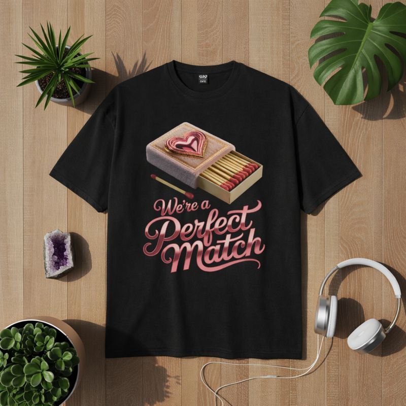 Schwarzes T-Shirt mit romantischem „Perfect Match“-Motiv: Streichholzschachtel mit Herzsymbol und Schriftzug „We’re a Perfect Match“, liebevolles Liebesdesign für Paare & Valentinstag – Bright Light Arts