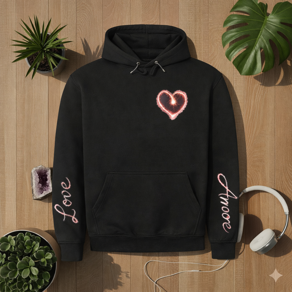 Black classic hoodie with small glowing heart chest print and sleeve prints “Love” and “Amore”, laid flat on wooden background with plants and headphones, lifestyle mockup by Bright Lights Arts