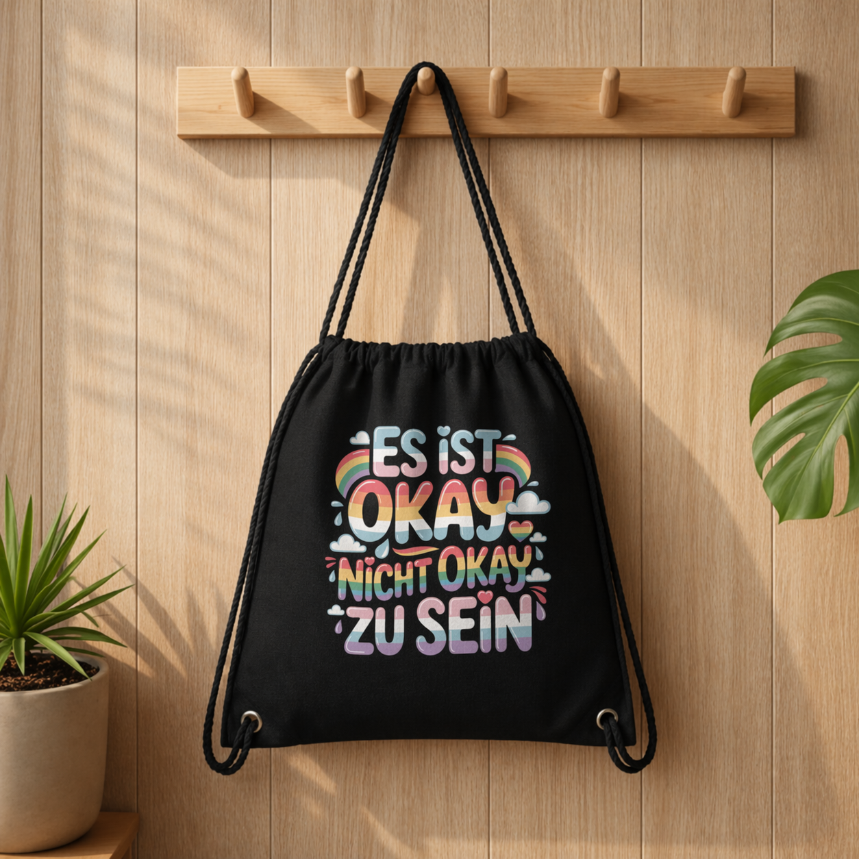 Schwarzer Gym Bag mit buntem Statement Design „Es ist okay nicht okay zu sein“ im Bright Lights Arts Lifestyle Mockup an Holz Garderobe mit Pflanzen und warmem Licht