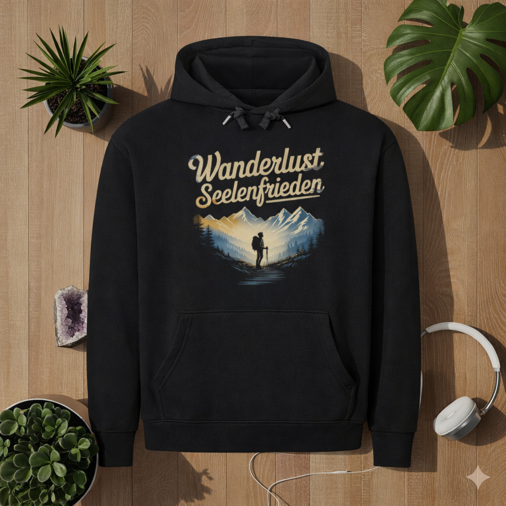 Schwarzer Hoodie mit Wanderlust Seelenfrieden Design im natürlichen Holz Mockup mit Pflanzen und Kopfhörern – Bright Lights Arts