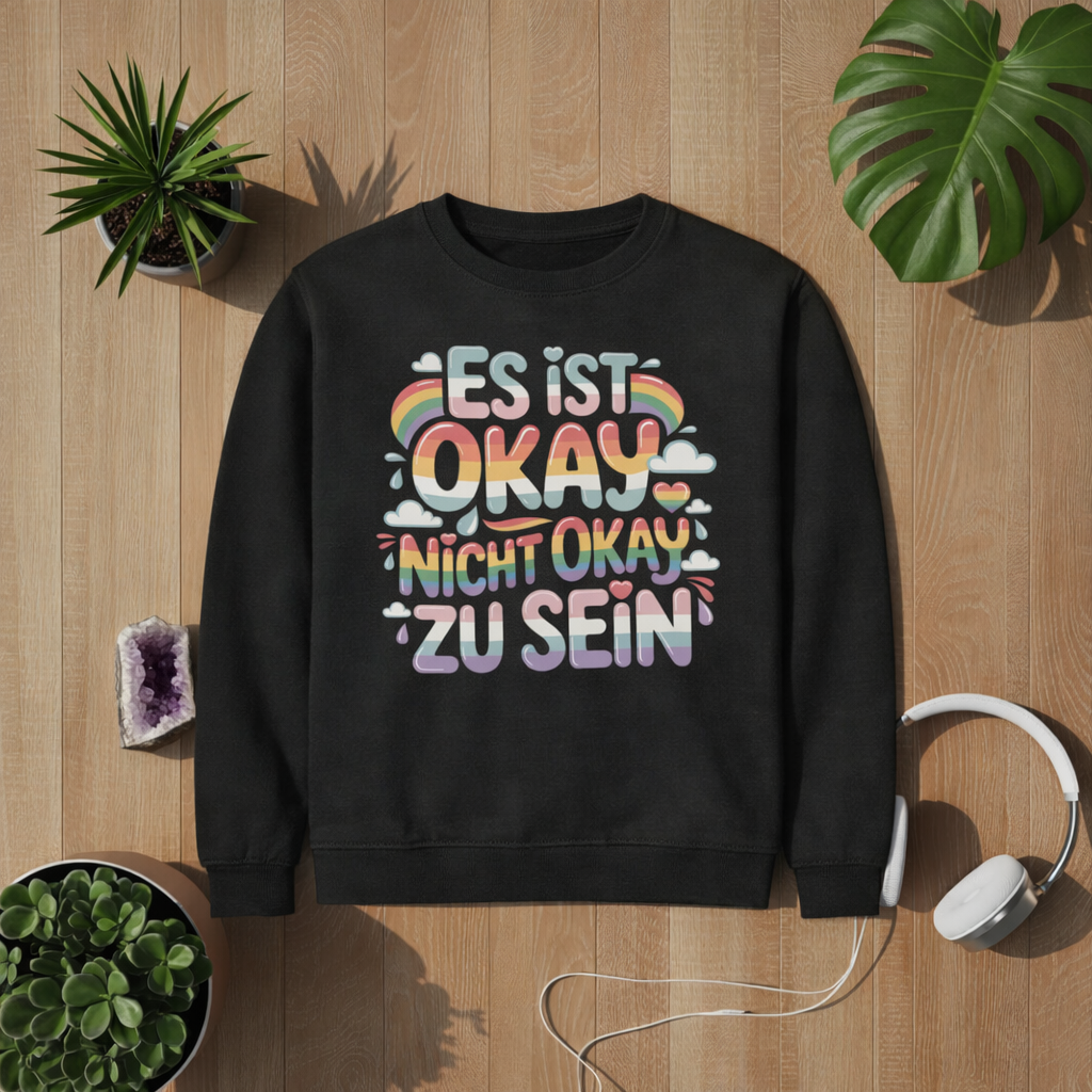 Kinder Sweatshirt schwarz mit buntem Statement Design „Es ist okay nicht okay zu sein“ im Bright Lights Arts Lifestyle Mockup mit Pflanzen und Kopfhörern auf Holz Hintergrund