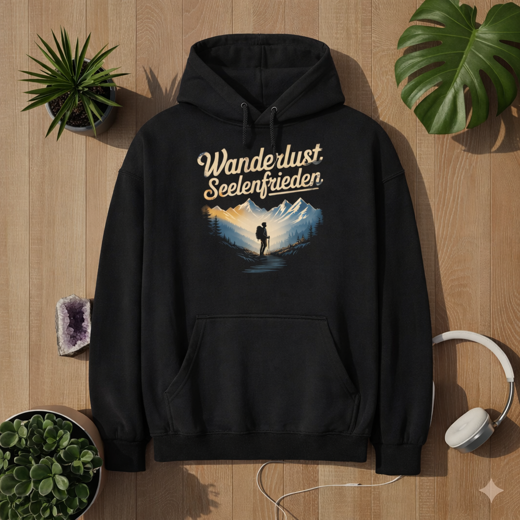 Schwarzer Oversized Hoodie mit Wanderlust Seelenfrieden Design im natürlichen Holz Mockup mit Pflanzen, Kristall und Kopfhörern – Bright Lights Arts