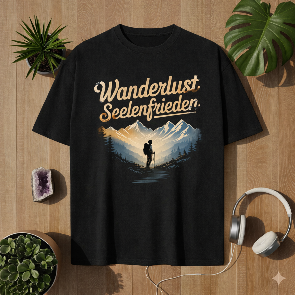 Schwarzes Oversized T-Shirt mit Wanderlust Seelenfrieden Design im Natur Mockup auf Holz Hintergrund mit Pflanzen und Kopfhörern – Bright Lights Arts