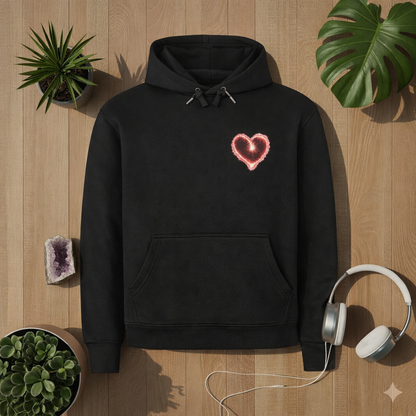 Black premium hoodie with glowing pink heart design on chest, laid flat on wooden background with plants and headphones, aesthetic lifestyle mockup by Bright Lights Arts