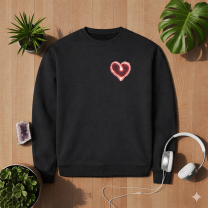 Black premium organic sweatshirt with small glowing heart chest print on left side, laid flat on wooden background with plants and headphones, lifestyle mockup by Bright Lights Arts