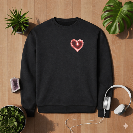 Black premium organic sweatshirt with small glowing heart chest print on left side, laid flat on wooden background with plants and headphones, lifestyle mockup by Bright Lights Arts