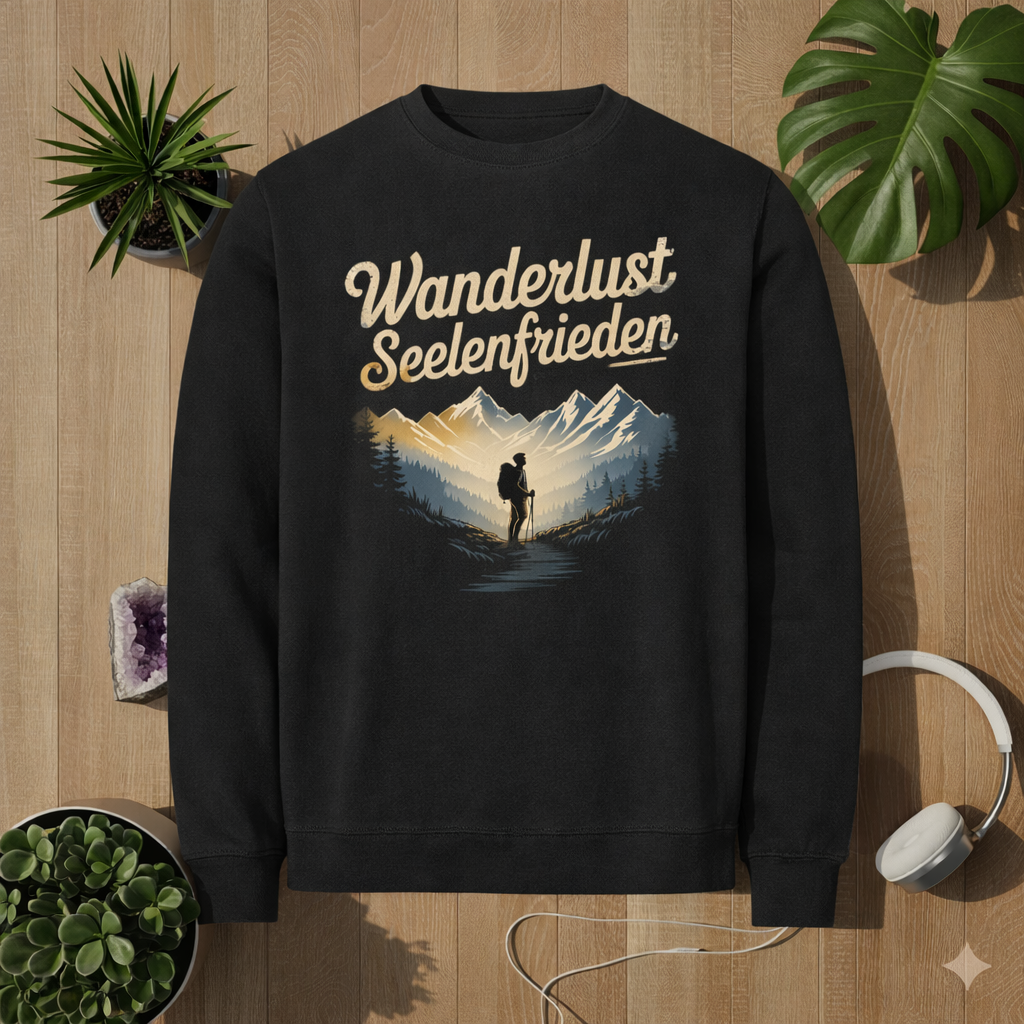 Schwarzes Premium Sweatshirt mit Wanderlust Seelenfrieden Bergmotiv im natürlichen Holz Mockup mit Pflanzen, Kristall und Kopfhörern – Bright Lights Arts