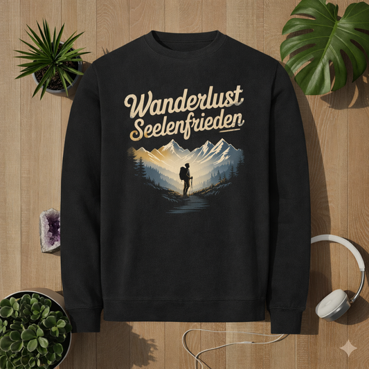 Schwarzes Premium Sweatshirt mit Wanderlust Seelenfrieden Bergmotiv im natürlichen Holz Mockup mit Pflanzen, Kristall und Kopfhörern – Bright Lights Arts