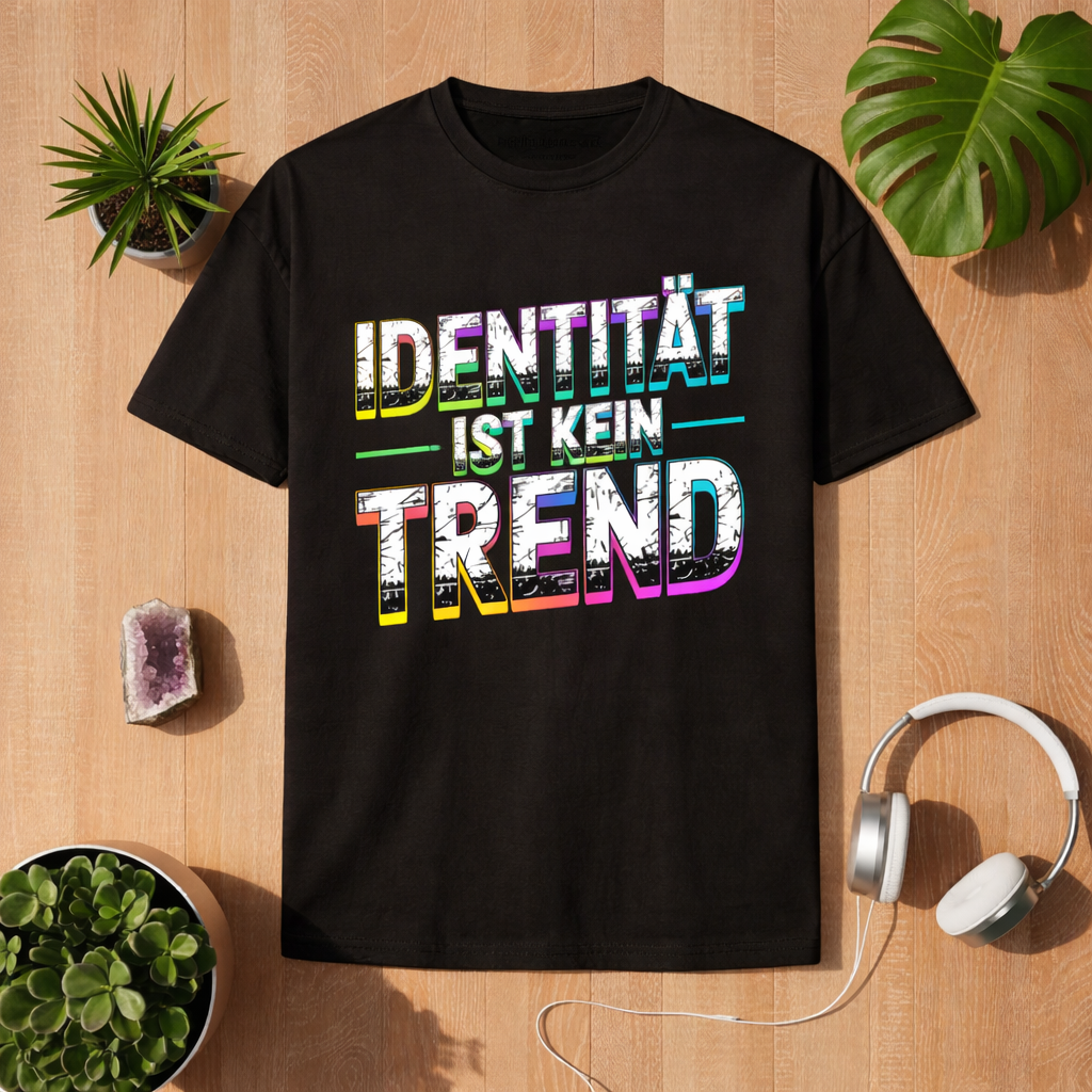 Schwarzes Premium T-Shirt mit Statement Design „Identität ist kein Trend“ im Bright Lights Arts Lifestyle Mockup auf Holzuntergrund mit Pflanzen und Kopfhörern