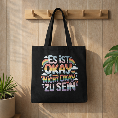 Schwarzer Jutebeutel mit buntem Statement Design „Es ist okay nicht okay zu sein“ im Bright Lights Arts Lifestyle Mockup an Holz Garderobe mit Pflanzen