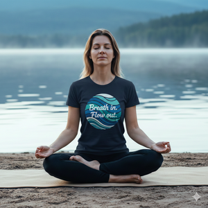 NavyBio-Baumwoll-Shirt mit kreisförmigem blauen Wellen-Motiv und dem Schriftzug Breath in. Flow out