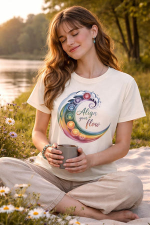 Premium Organic Shirt Women mit Align your flow Chakra-Design von Bright Light Arts im achtsamen Lifestyle-Look