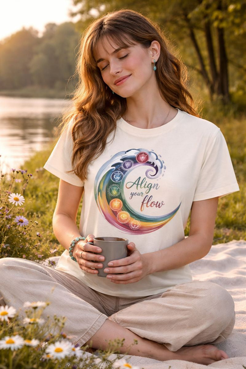 Premium Organic Shirt Women mit Align your flow Chakra-Design von Bright Light Arts im achtsamen Lifestyle-Look