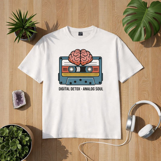 Bright Light Arts Premium T-Shirt mit Digital Detox Analog Soul Motiv – minimalistisches Lifestyle Design für Achtsamkeit und bewussten Konsum, dargestellt im natürlichen Flatlay Mockup