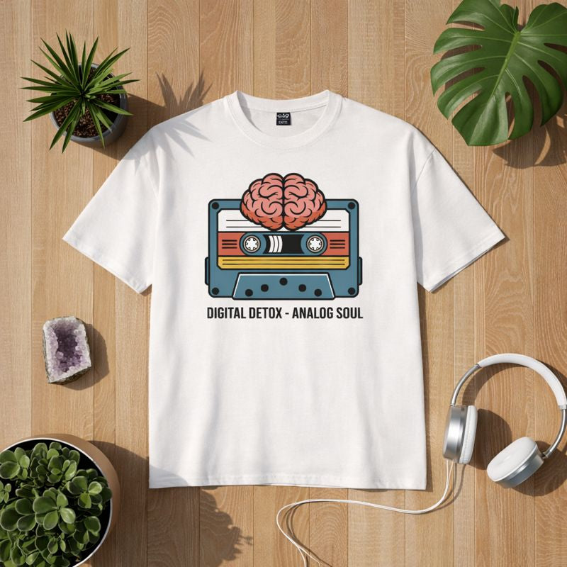 Bright Light Arts Premium T-Shirt mit Digital Detox Analog Soul Motiv – minimalistisches Lifestyle Design für Achtsamkeit und bewussten Konsum, dargestellt im natürlichen Flatlay Mockup