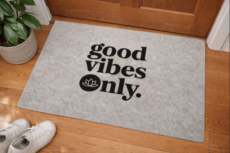 Fußmatte mit GOOD VIBES ONLY. von Bright Light Arts im natürlichen Lifestyle-Look