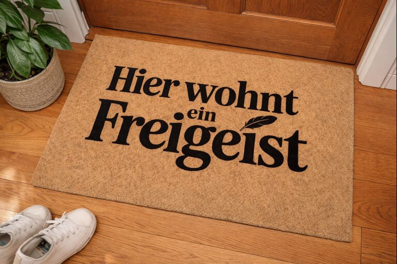 Fußmatte mit HIER WOHNT EIN FREIGEIST von Bright Light Arts im natürlichen Lifestyle-Look