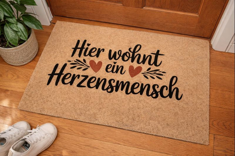 Fußmatte mit HIER WOHNT EIN HERZENSMENSCH von Bright Light Arts im natürlichen Lifestyle-Look