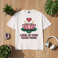 Bright Light Arts Premium T-Shirt „Level Up Your Inner Peace“ mit Pixel-Lotus und Herz, Gaming-inspiriertes Achtsamkeits-Design in ruhigem Lifestyle-Mockup