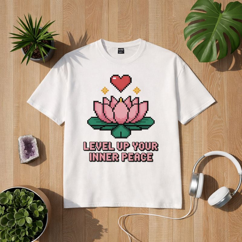 Bright Light Arts Premium T-Shirt „Level Up Your Inner Peace“ mit Pixel-Lotus und Herz, Gaming-inspiriertes Achtsamkeits-Design in ruhigem Lifestyle-Mockup