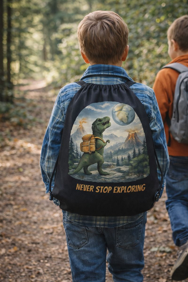 Gym Bag mit NEVER STOP EXPLORING von Bright Light Arts im natürlichen Lifestyle-Look