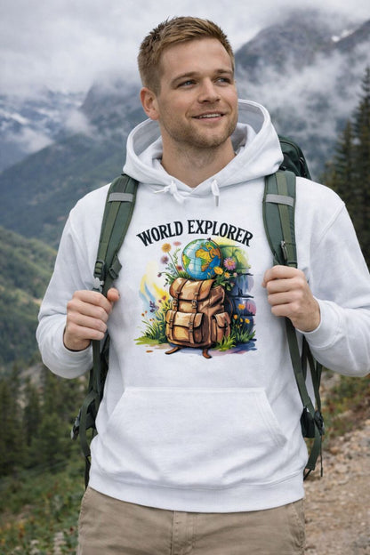 Premium Hoodie mit WORLD EXPLORER von Bright Light Arts im natürlichen Reise-Lifestyle-Look