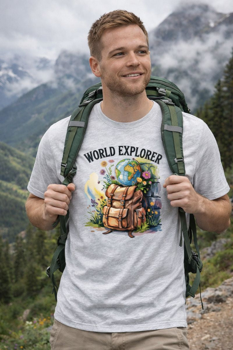 Premium T-Shirt mit WORLD EXPLORER von Bright Light Arts im natürlichen Reise-Lifestyle-Look