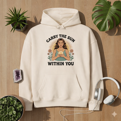 Beiger Oversized Hoodie mit Carry the Sun Within You Design – spirituelles Mindfulness Motiv im Bright Lights Arts Mockup