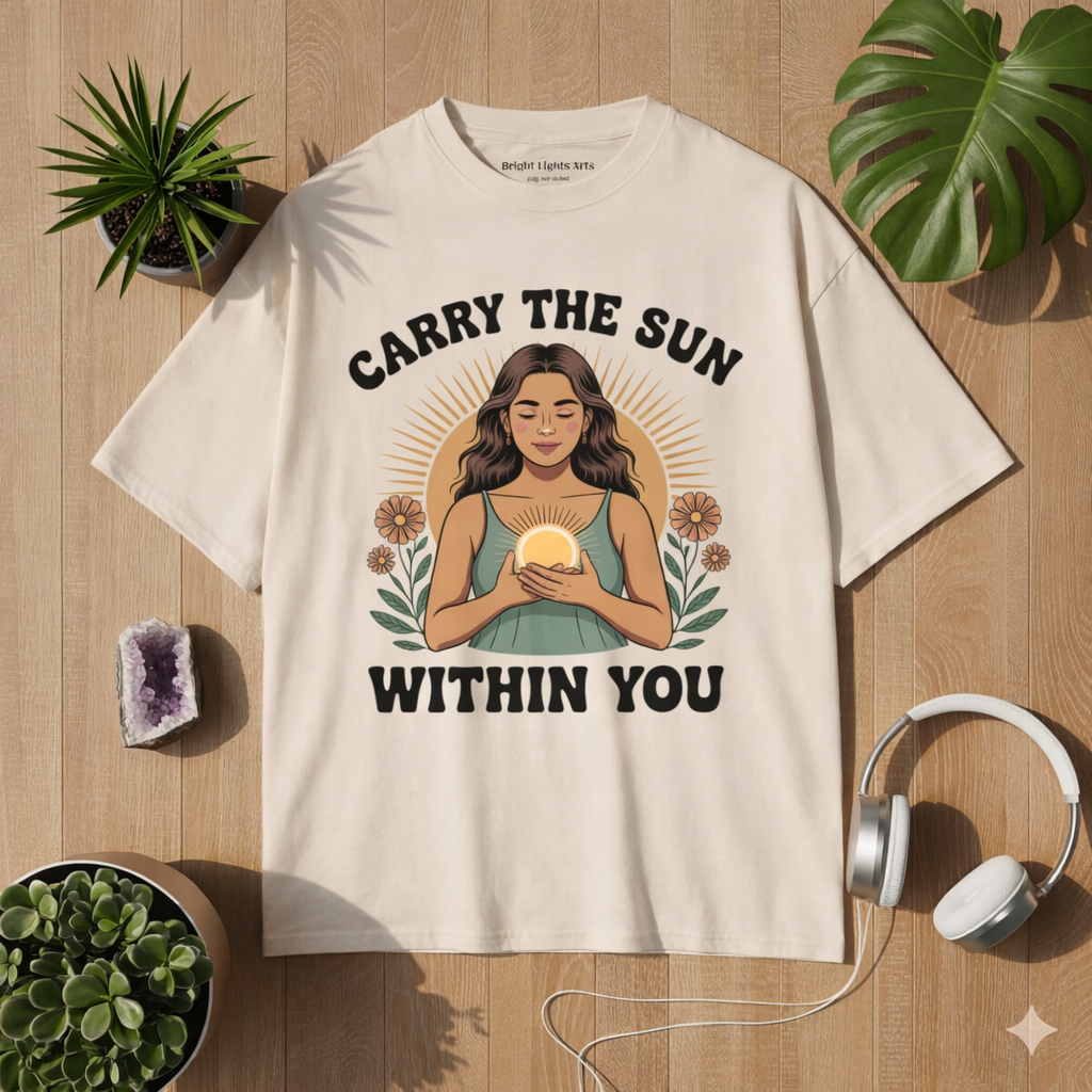 Beiges Oversized T-Shirt mit Carry the Sun Within You Design – spirituelles Mindfulness Motiv im Bright Lights Arts Mockup mit Pflanzen, Kristall und Kopfhörern auf Holz Hintergrund