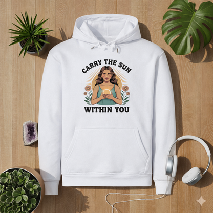 Weißes Premium Hoodie mit Carry the Sun Within You Design – spirituelles Mindfulness Motiv im Bright Lights Arts Stil