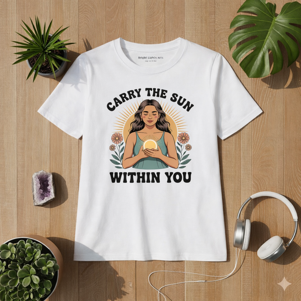 Weißes Premium Organic Damen T-Shirt mit Carry the Sun Within You Design – spirituelles Mindfulness Motiv im Bright Lights Arts Mockup