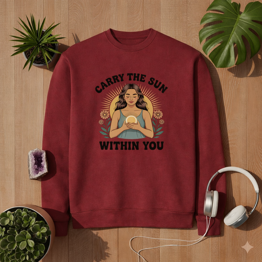 Bordeaux Premium Sweatshirt mit Carry the Sun Within You Design – spirituelles Mindfulness Motiv im Bright Lights Arts Mockup