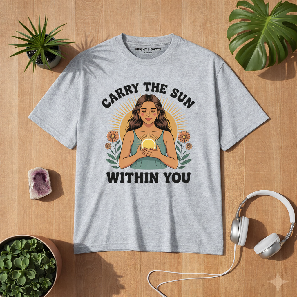 Graues T-Shirt mit Carry the Sun Within You Design – spirituelles Mindfulness Motiv im Bright Lights Arts Mockup mit Pflanzen und Holz Hintergrund
