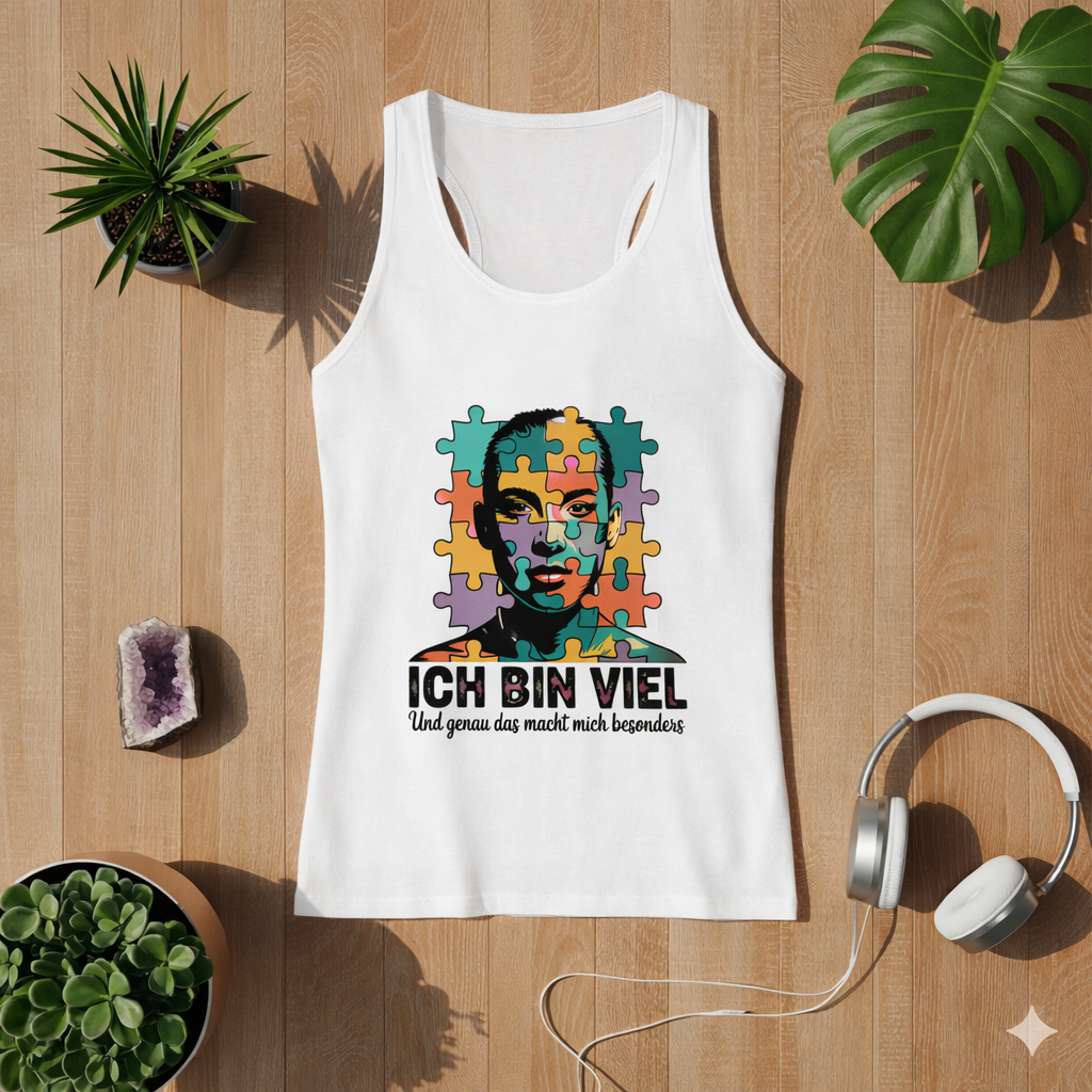 Weißes Classic Damen Tanktop mit „Ich bin viel“ Autismus Puzzle Portrait Design als Flatlay auf hellem Holzboden mit Pflanzen und Kopfhörern – modernes Lifestyle Mockup