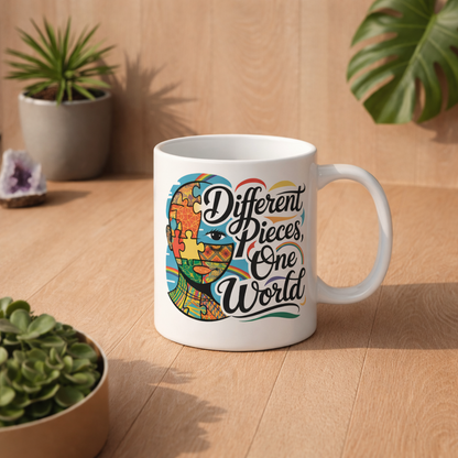 Weiße Keramiktasse mit „Different Pieces One World“ Neurodiversität Design von Bright Lights Arts im Lifestyle Mockup auf Holzuntergrund mit Pflanzen und Kopfhörern