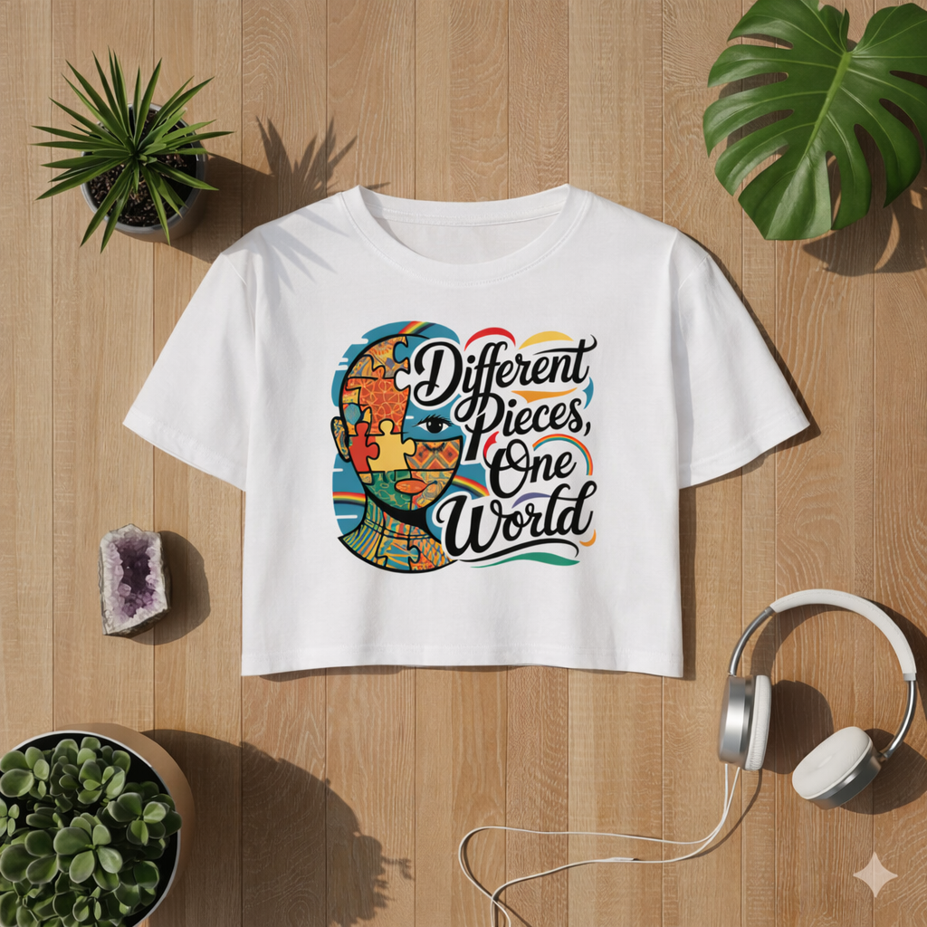 Weißes Ladies Cropped Tee mit „Different Pieces One World“ Neurodiversität Design von Bright Lights Arts im Lifestyle Mockup auf Holzuntergrund mit Pflanzen und Kopfhörern