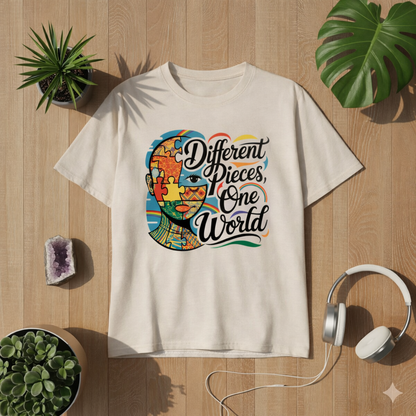 Beiges Ladies Premium Shirt aus Bio-Baumwolle mit „Different Pieces One World“ Neurodiversität Design von Bright Lights Arts im Lifestyle Mockup auf Holzuntergrund mit Pflanzen und Kopfhörern